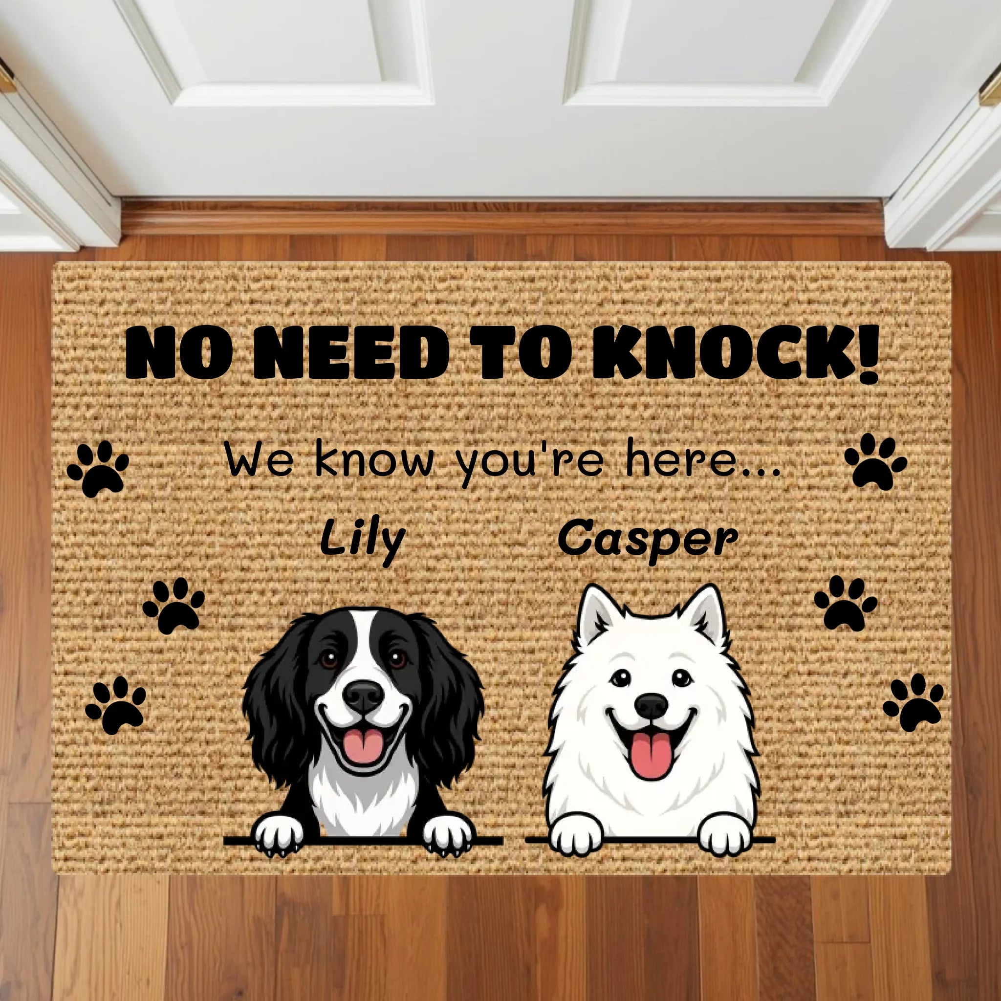 No Need to Knock - Personalised Door Mat with 2 Dogs