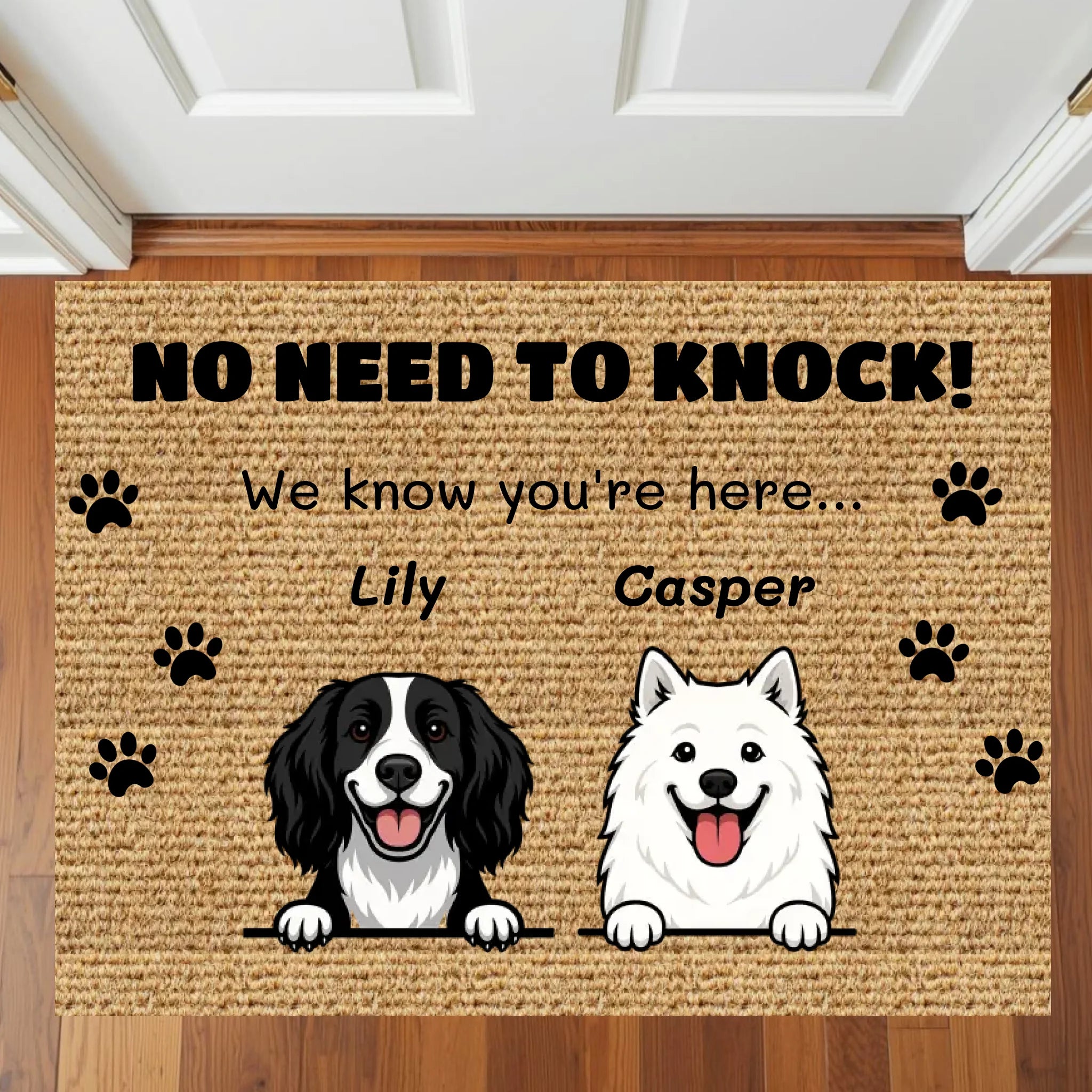 No Need to Knock - Personalised Door Mat with 2 Dogs